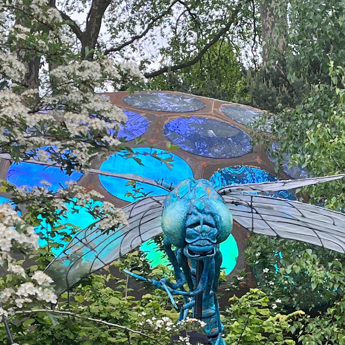 Giant dragonfly puppet flying over the RES Garden dome