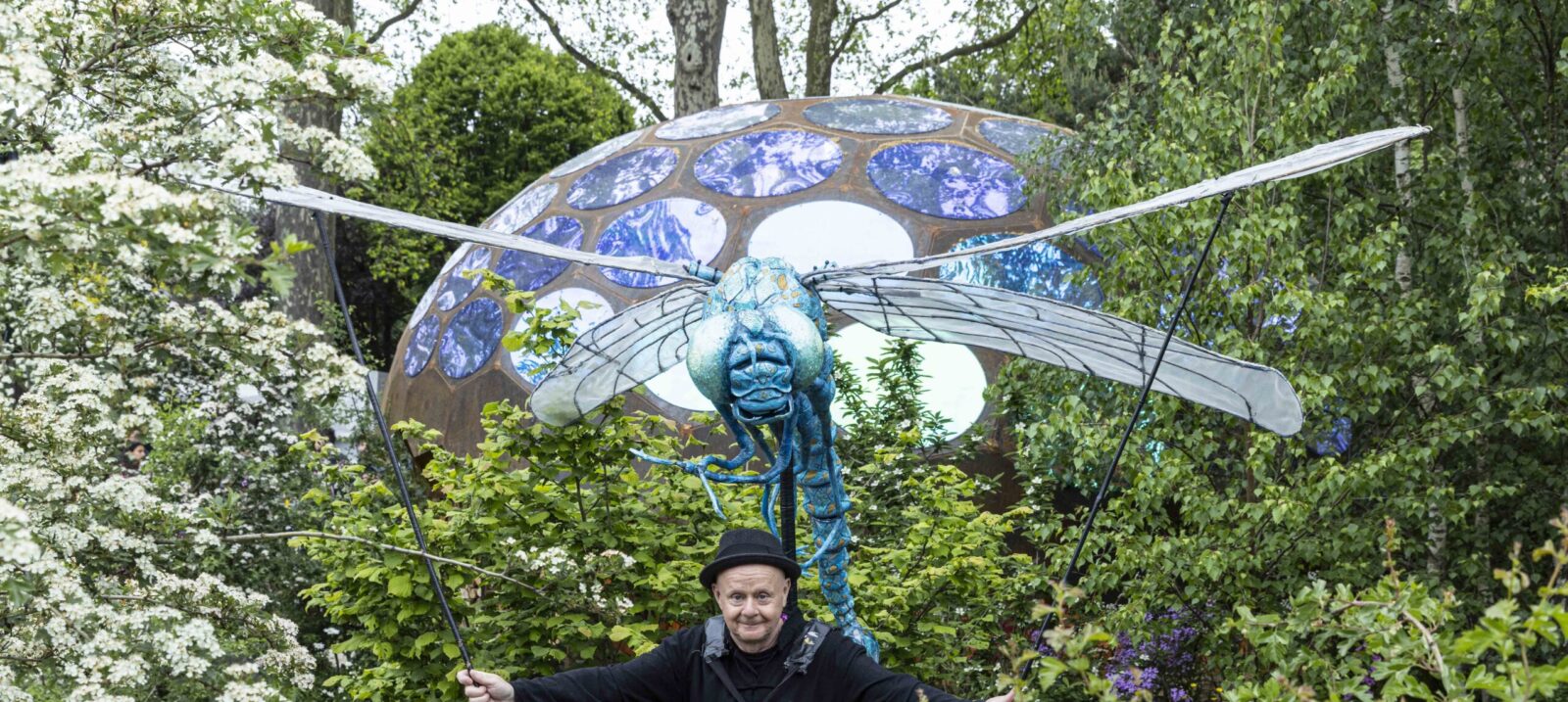 Fetch Theatre with giant dragonfly on the RES garden. Photo by Tammy Marlar