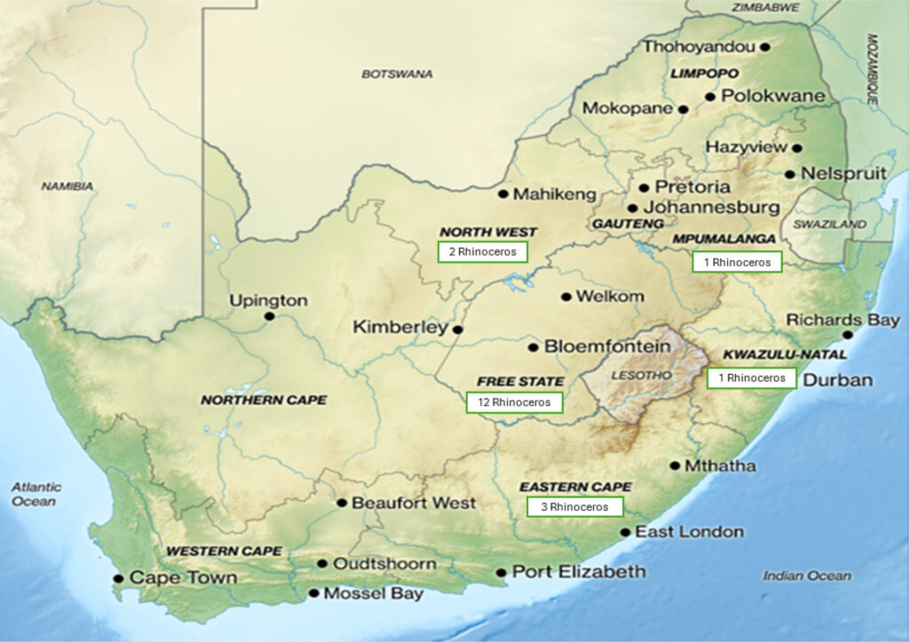 Map of the RSA indicating the number of rhinoceros remains per province from which insect evidence was collected in this study. Adapted from South Africa relief location map