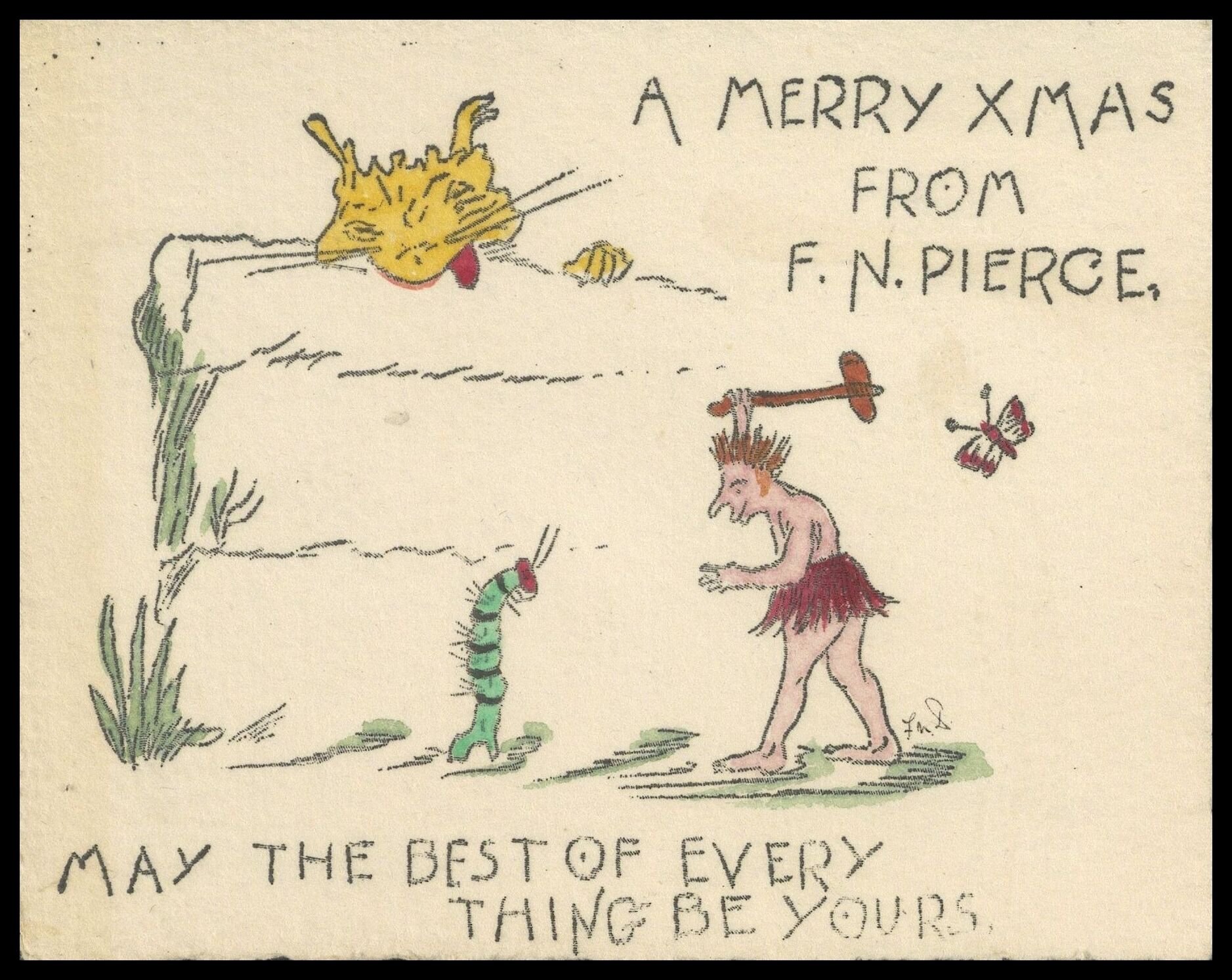 Frank Nelson Pierce, 1862 – 1943 Library Christmas Cards - Category Revenge: A caveman sneaks up on an unsuspecting caterpillar, unaware that something much larger is sneaking up on him.