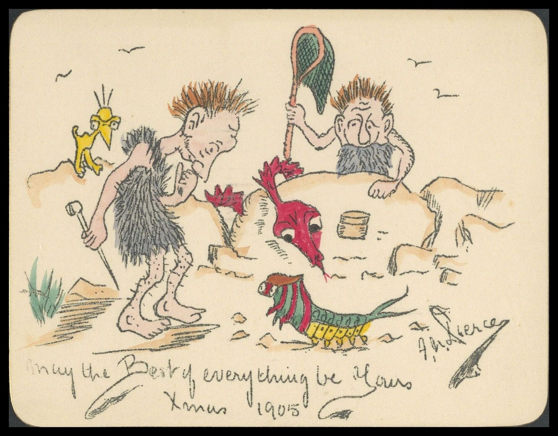 Frank Nelson Pierce, 1862 – 1943 Library Christmas Cards - Category Revenge: 1905 Entomologist cavemen go hunting with nets and entomological pins.