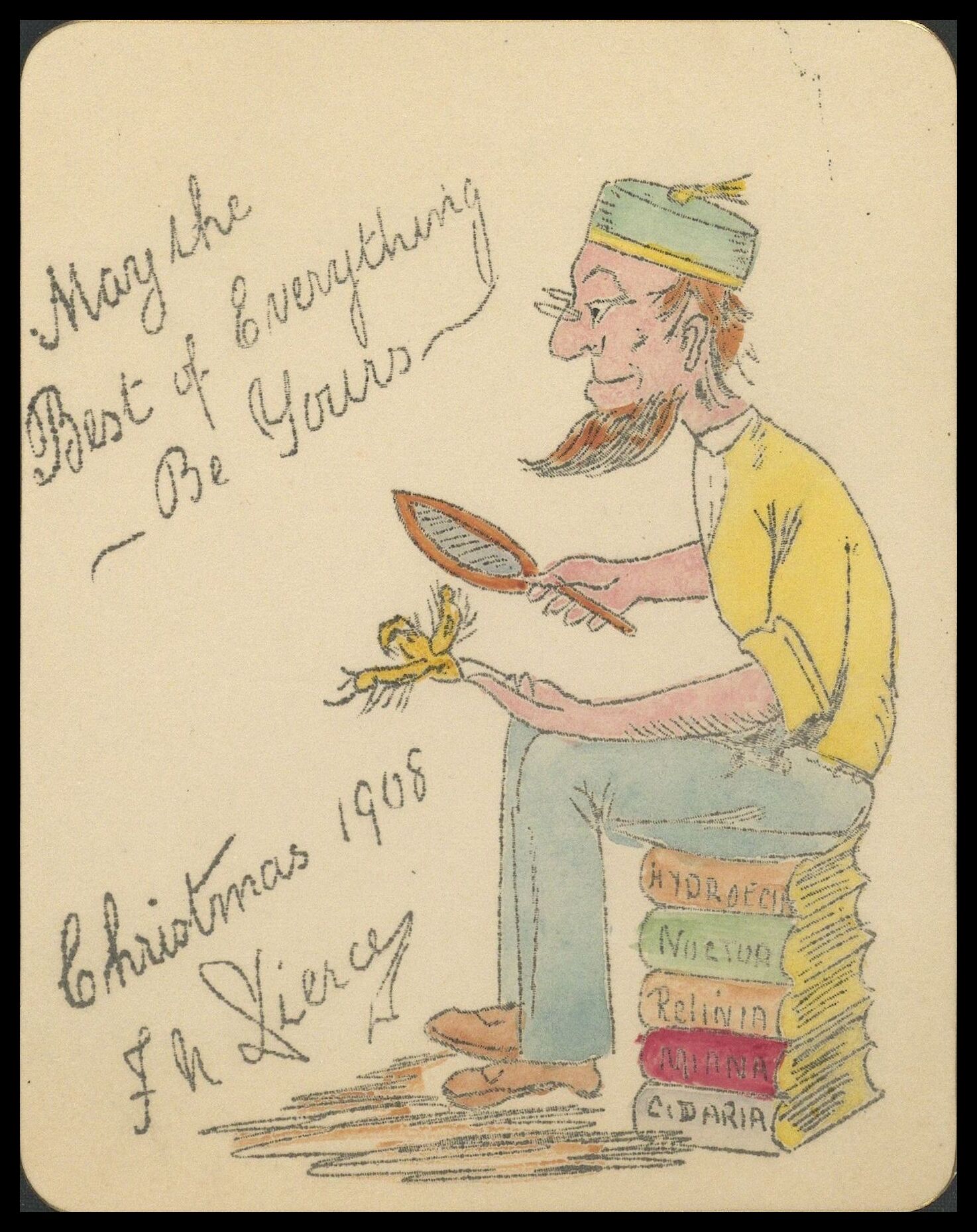 Frank Nelson Pierce, 1862 – 1943 Library Christmas Cards - Category Genitalia: 1908 An entomologist in a snazzy hat studies lepidoptera genitalia, while sitting on a stack of Pierce's books on the same subject.