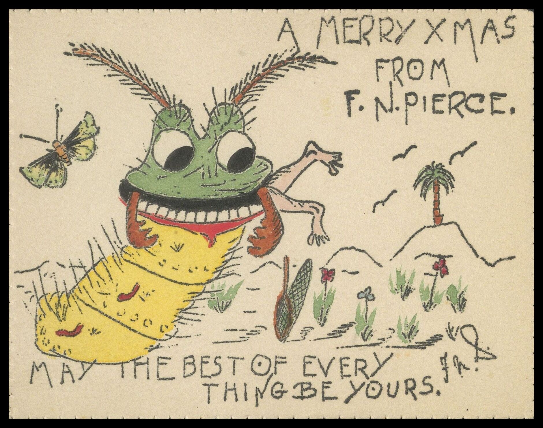 Frank Nelson Pierce, 1862 – 1943 Library Christmas Cards - Category Revenge: A very hungry caterpillar catches an unfortunate lepidopterist and consumes him whole, while a lucky butterfly flutters free of his discarded net.