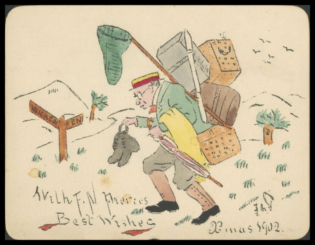 Frank Nelson Pierce, 1862 – 1943 Library Christmas Cards - Category Biography, 1902 - A heavily laden entomologist explores Wicken Fen nature reserve, donated to the National Trust the previous year.