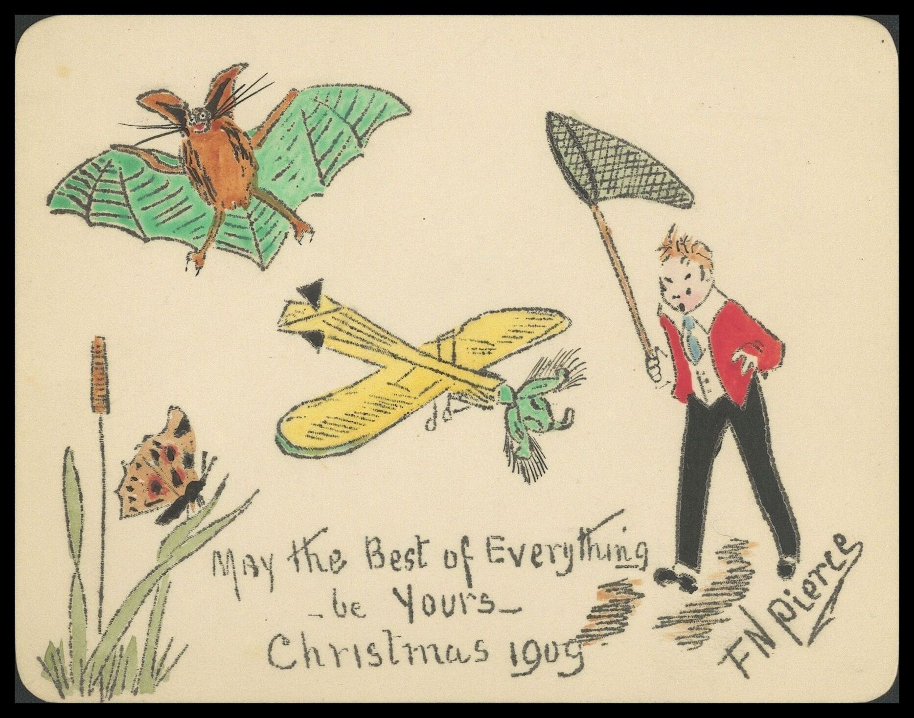 Frank Nelson Pierce, 1862 – 1943 Library Christmas Cards - Category Genitalia: 1909 An entomologist reacts in shock to a plane with some unusual appendages.