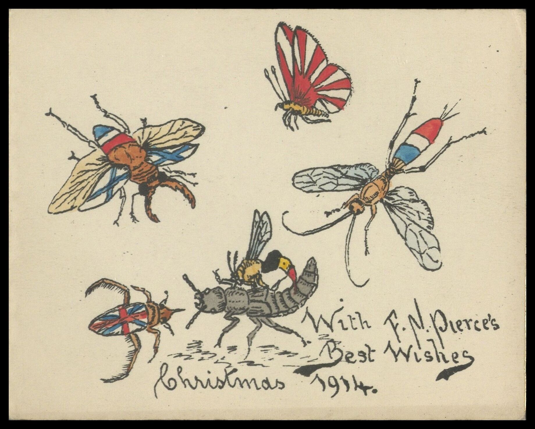 Frank Nelson Pierce, 1862 – 1943 Library Christmas Cards - Category Wartime: 1914 Insects represent different nations involved in WWI.