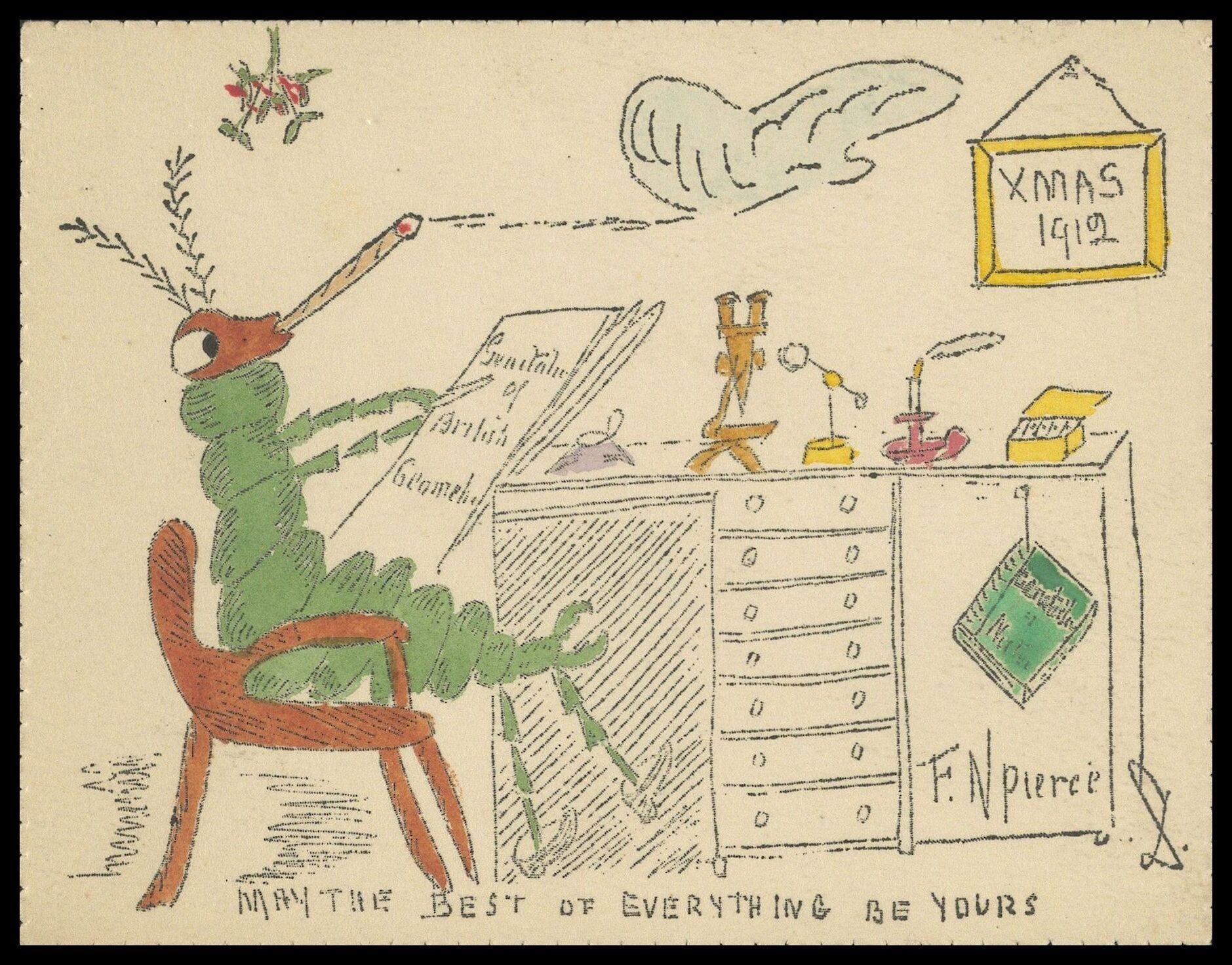 Frank Nelson Pierce, 1862 – 1943 Library Christmas Cards - Category Genitalia: 1912 A caterpillar enjoys Pierce's volume on Geometridae genitalia, and a cigar.