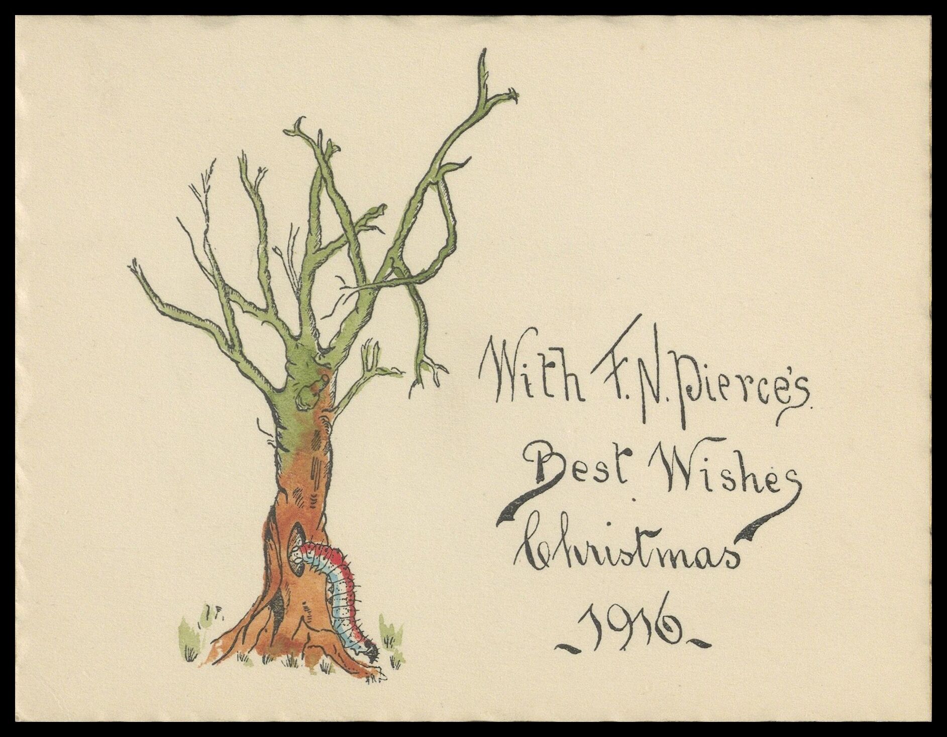 Frank Nelson Pierce, 1862 – 1943 Library Christmas Cards - Category Wartime: 1916 A caterpillar in the allied colours returns to a tree whose branches spell out 'war'.