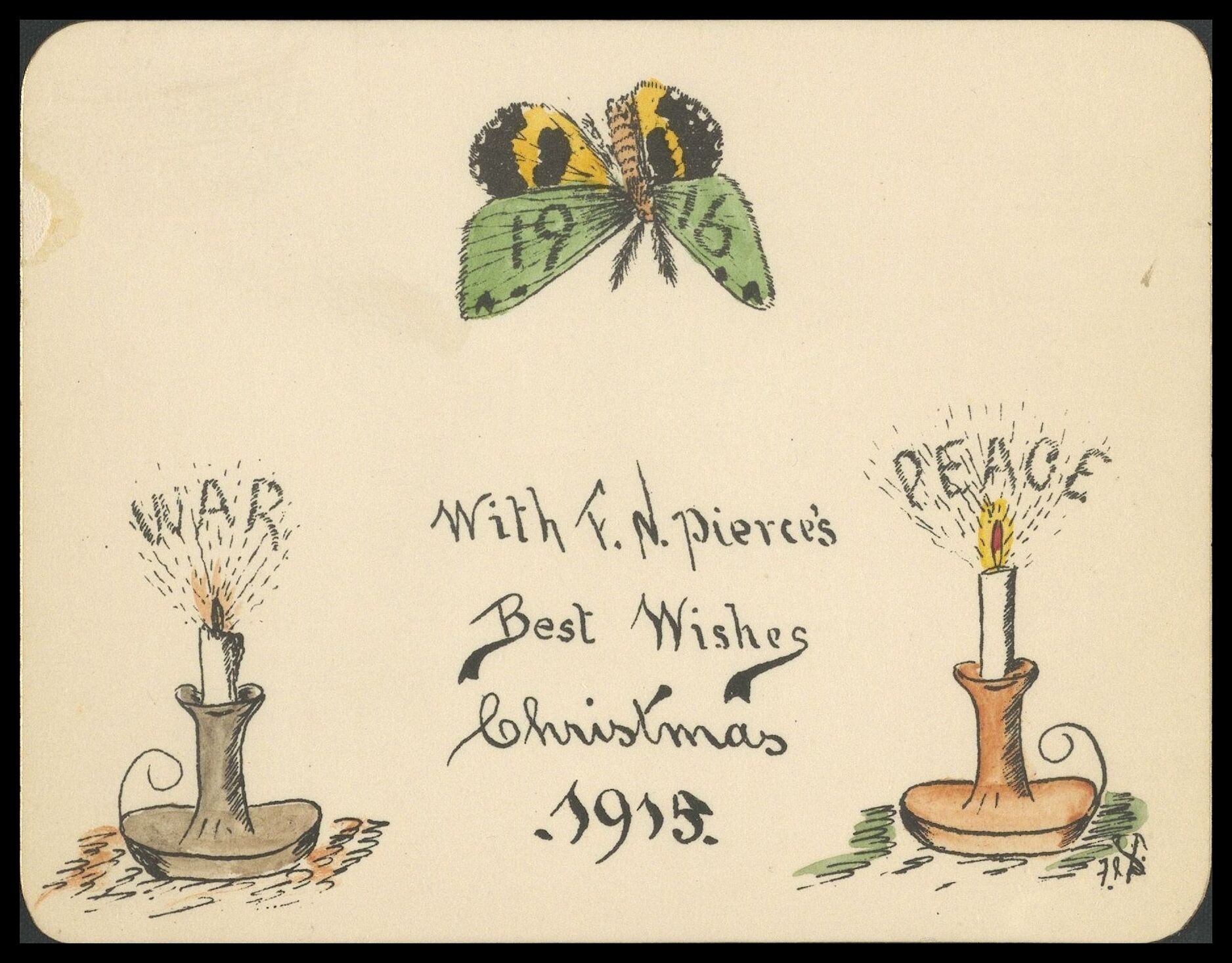 Frank Nelson Pierce, 1862 – 1943 Library Christmas Cards - Category Wartime: 1915 Candles burn for 'war' and 'peace'; which will the moth be drawn to in 1916?