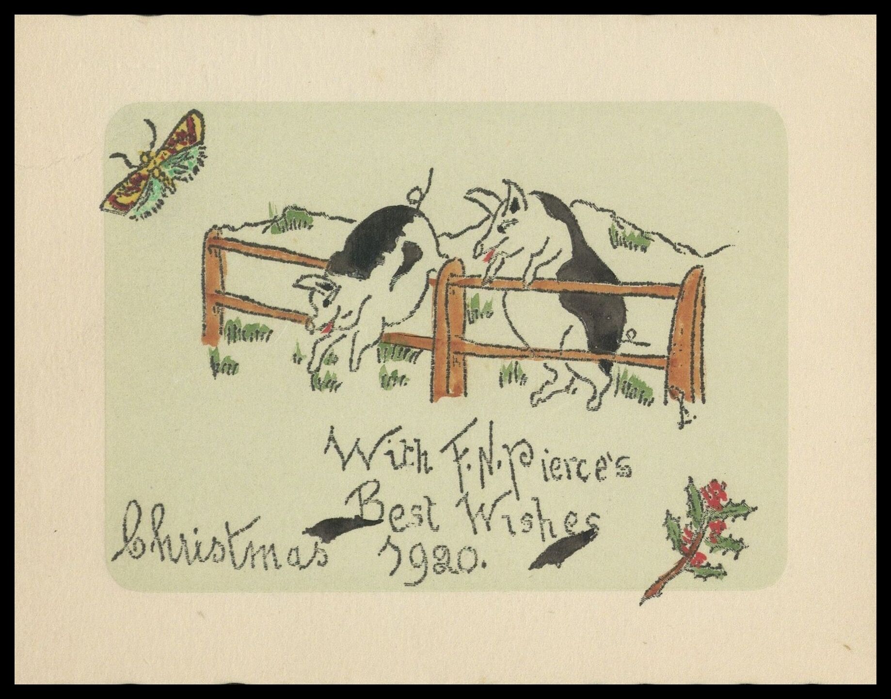 Frank Nelson Pierce, 1862 – 1943 Library Christmas Cards - Category Retirement: 1920 Two pigs climb over a farmyard fence.