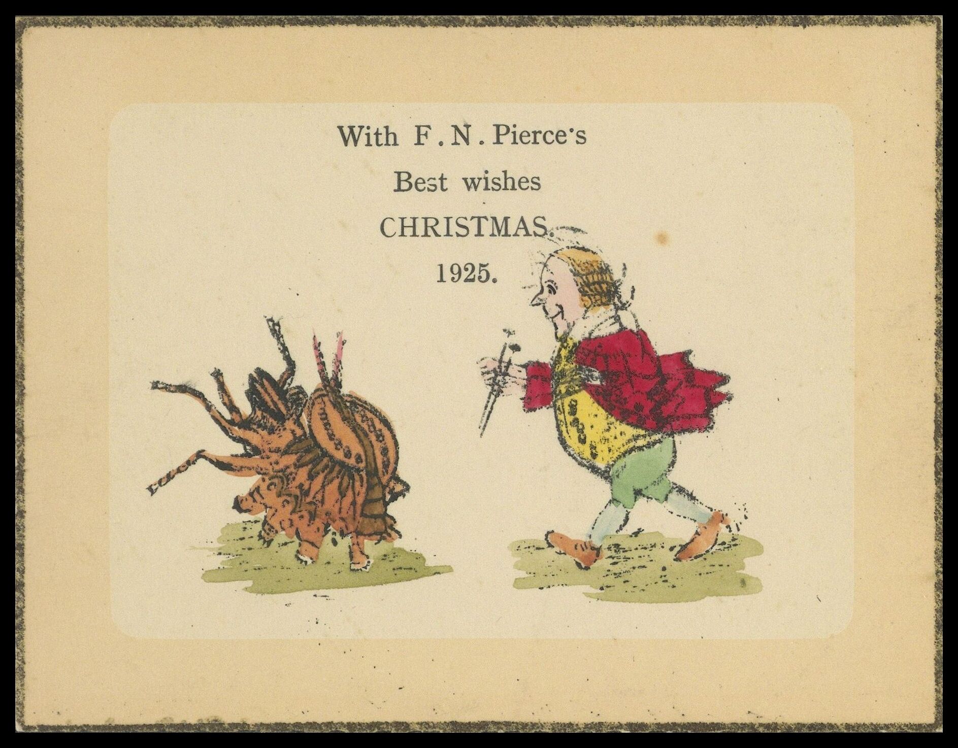 Frank Nelson Pierce, 1862 – 1943 Library Christmas Cards - Category Retirement: 1925 An Entomologist with two entomological pins chases after a giant Lobster Moth Caterpillar.