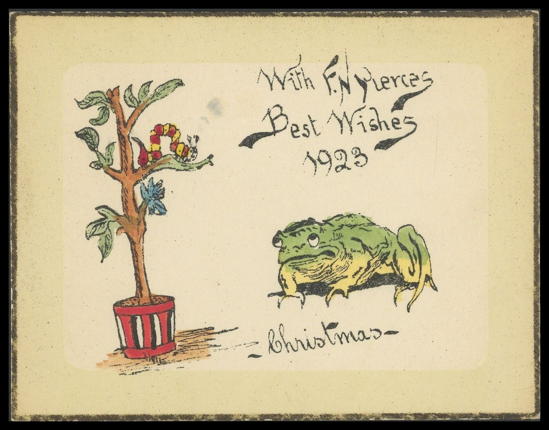 Frank Nelson Pierce, 1862 – 1943 Library Christmas Cards - Category Retirement: 1923 A frog eyes up a caterpillar on a houseplant.