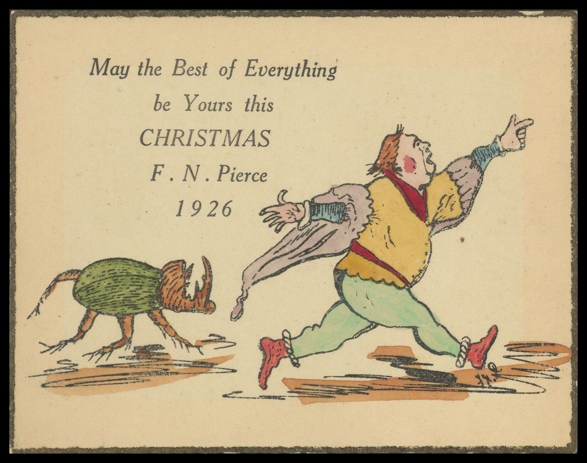 Frank Nelson Pierce, 1862 – 1943 Library Christmas Cards - Category Revenge: 1926 A beetle chases a thespian.