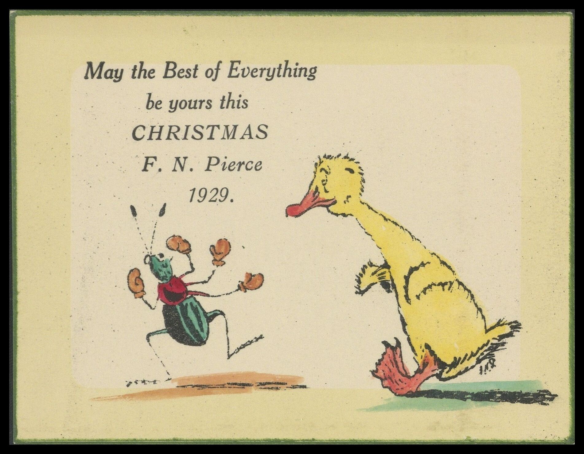 Frank Nelson Pierce, 1862 – 1943 Library Christmas Cards - Category Revenge: 1929 A beetle with four tiny boxing gloves squares up to a duck.