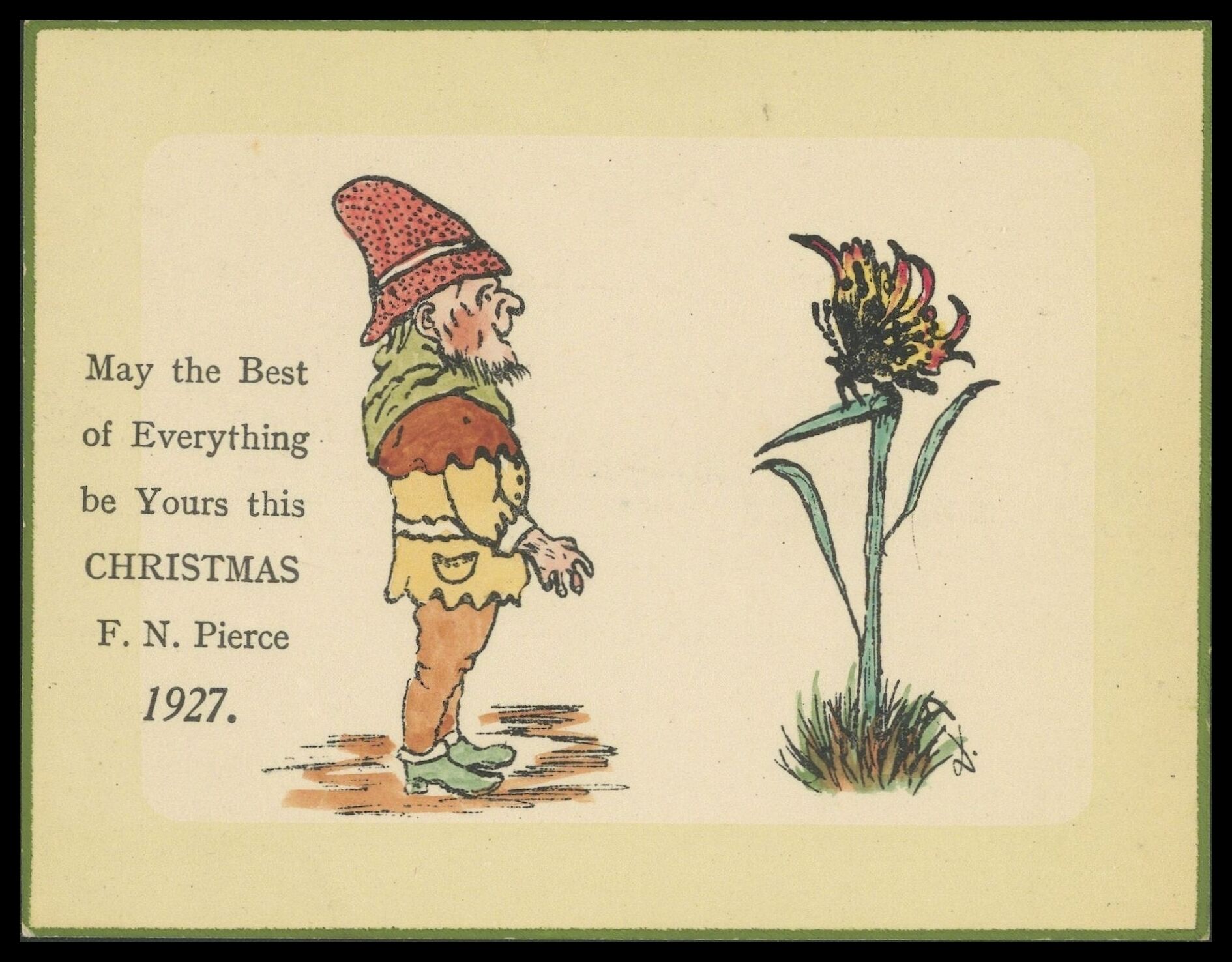 Frank Nelson Pierce, 1862 – 1943 Library Christmas Cards - Category Retirement: 1927 A gnome is delighted to discover a Lepidoptera specimen.