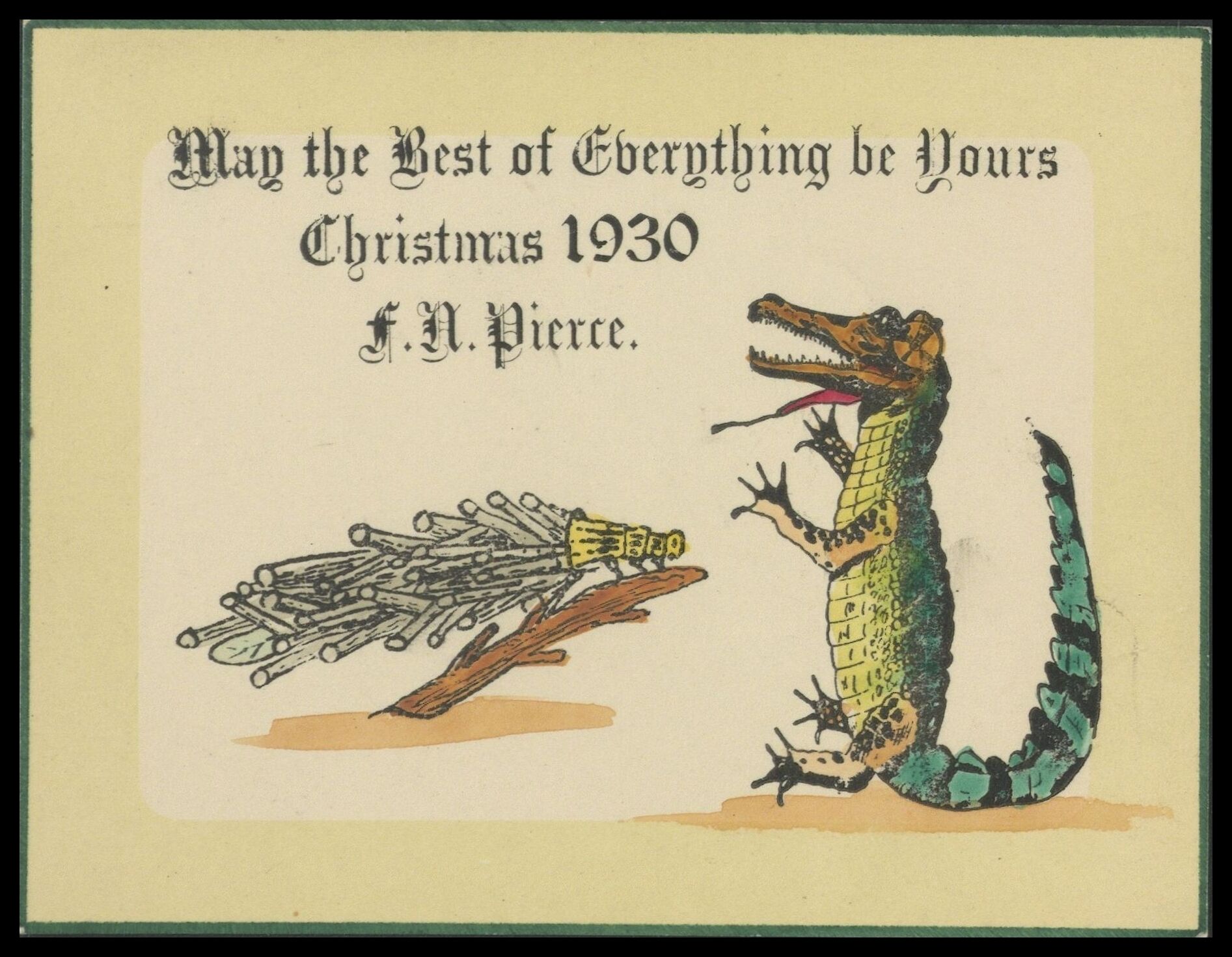 Frank Nelson Pierce, 1862 – 1943 Library Christmas Cards - Category Revenge: 1930 A caddis fly larvae and a crocodile square up.