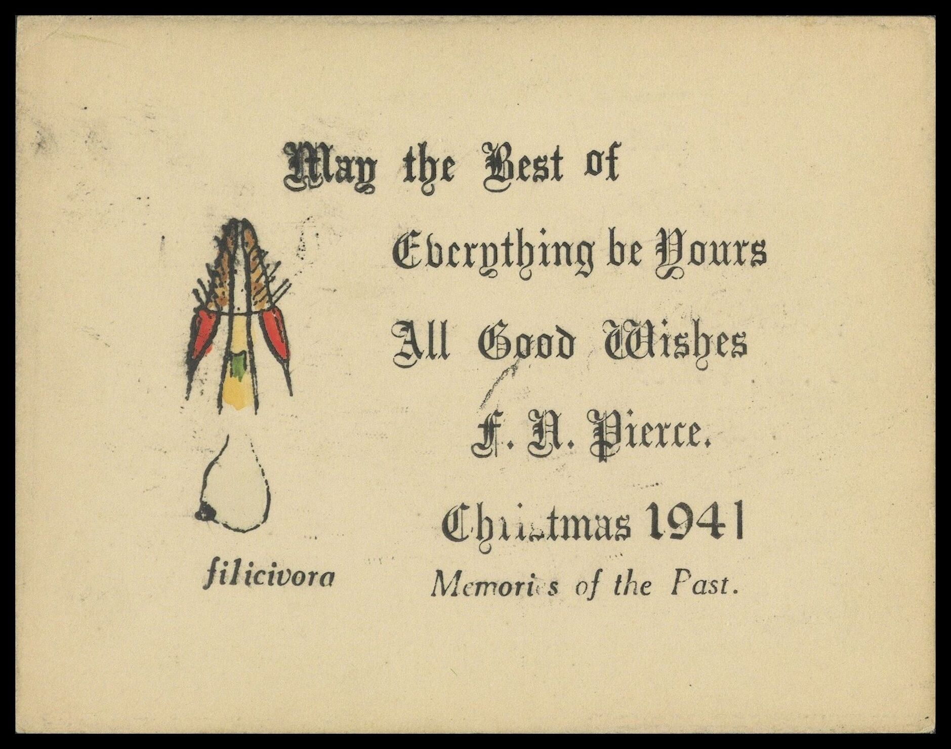 Frank Nelson Pierce, 1862 – 1943 Library Christmas Cards - Category Genitalia: 1941 Insect genitalia illustrated in festive colours.