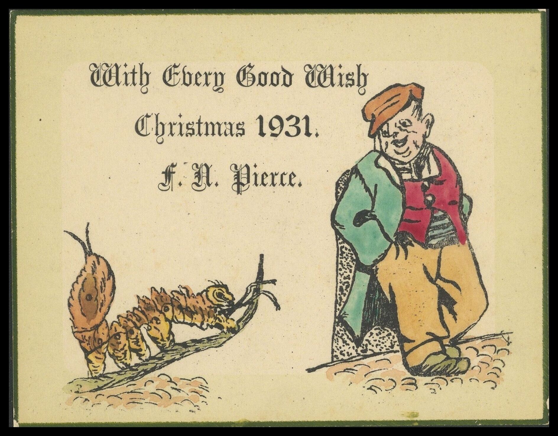 Frank Nelson Pierce, 1862 – 1943 Library Christmas Cards - Category Retirement: 1931 A farmer observes as a caterpillar emerges from its chrysalis.