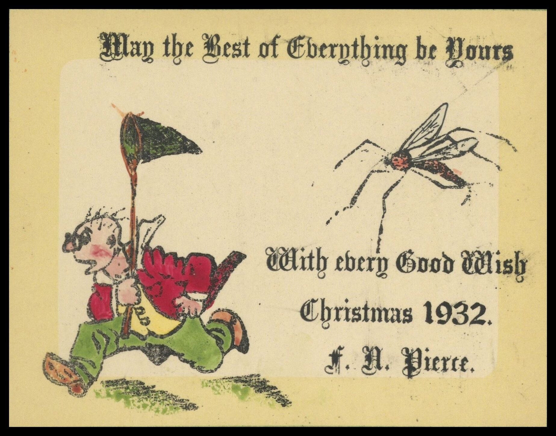 Frank Nelson Pierce, 1862 – 1943 Library Christmas Cards - Category Revenge: 1932 A mosquito chases an entomologist.