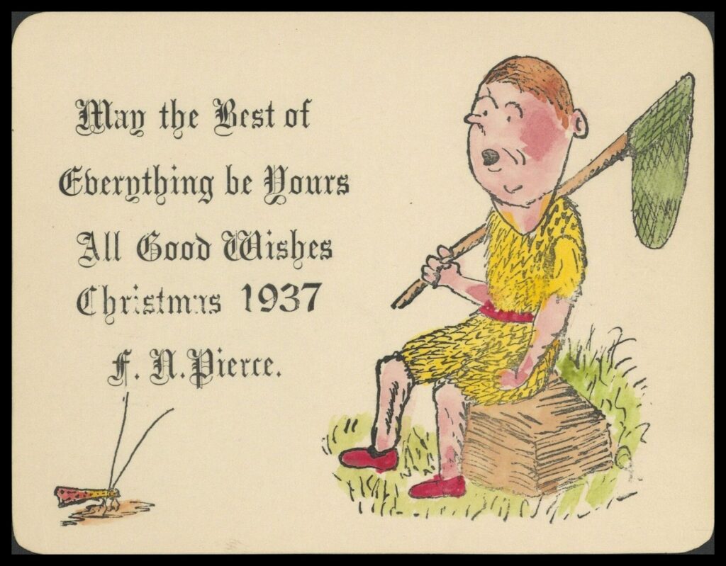 Frank Nelson Pierce, 1862 – 1943 Library Christmas Cards - Category Retirement: 1937 A entomologist in an unusual yellow outfit takes a break.