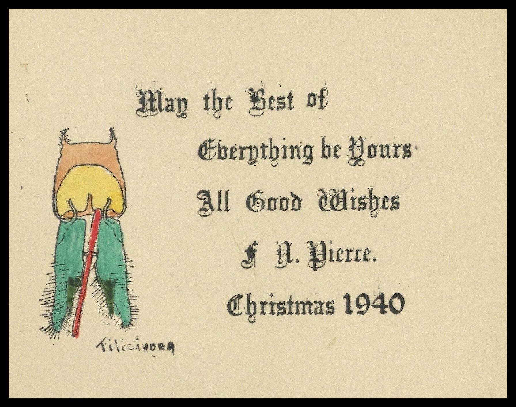 Frank Nelson Pierce, 1862 – 1943 Library Christmas Cards - Category Genitalia: 1940 Tilicivora genitalia illustrated in festive colours.